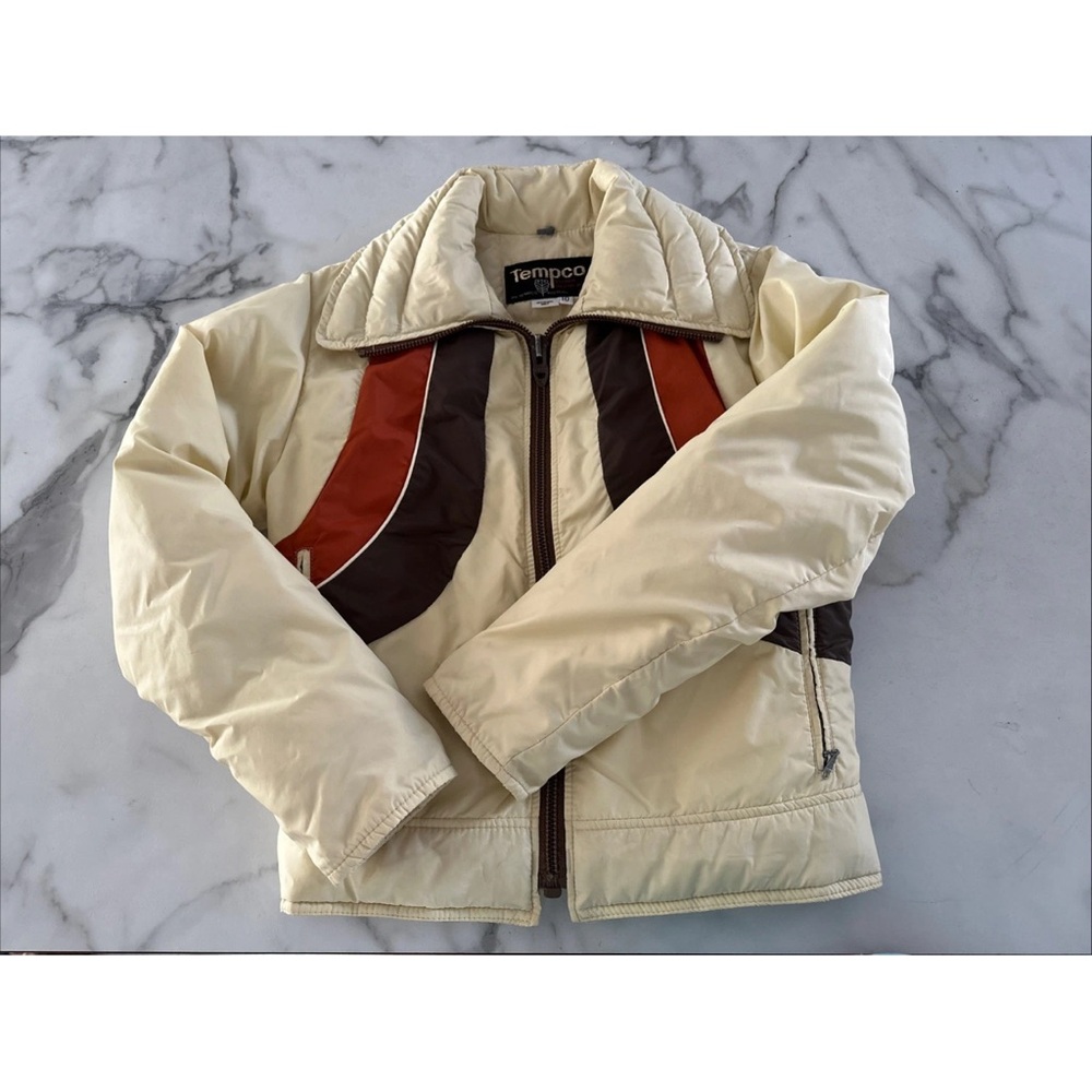 Vintage Tempo Paris 1960 down ski Cream Jacket with Brown and Red Accents